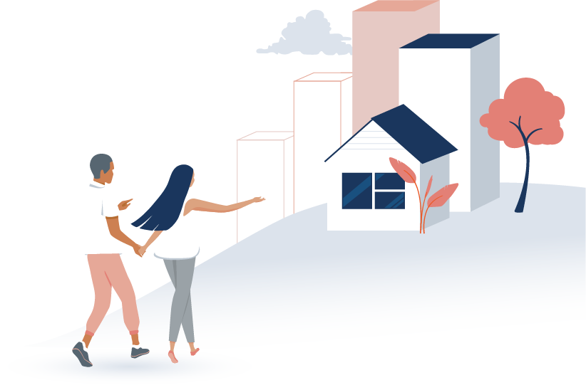A couple holding hands and walking towards a home in front of city buildings