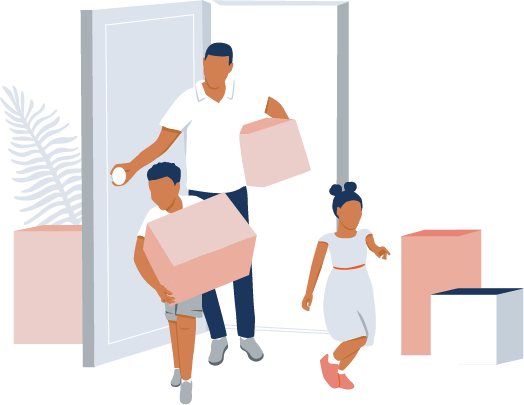 Father, young son, and young daughter, entering their new home carrying moving boxes