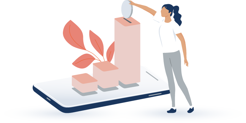 Woman depositing money into a growing bar graph representing her finances, with the backdrop of a smart phone