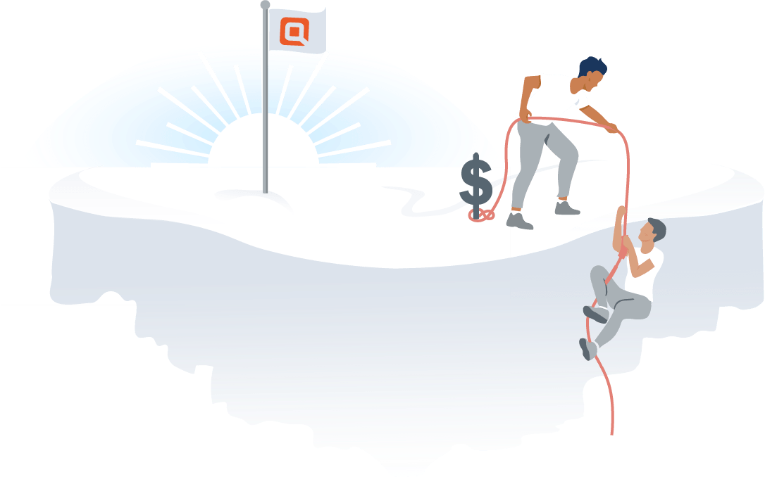 Two climbers ascending a cliff with the Quontic flag and a sunrise behind them
