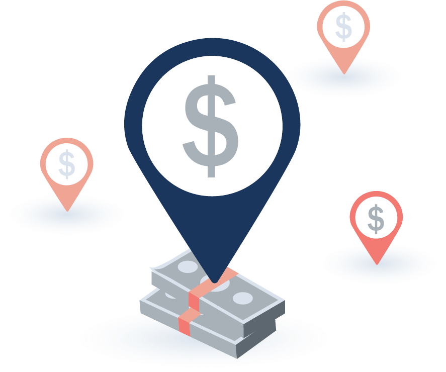 Location marker with dollar sign pointing to a stack of cash