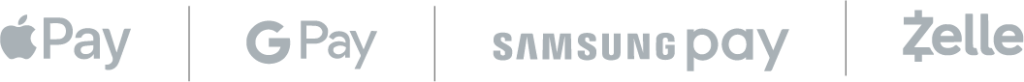 Payment options: Apple Pay, Google Pay, Samsung Pay, Zelle