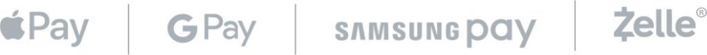 Pay options: Apple Pay, Google Pay, Samsung Pay, Zelle